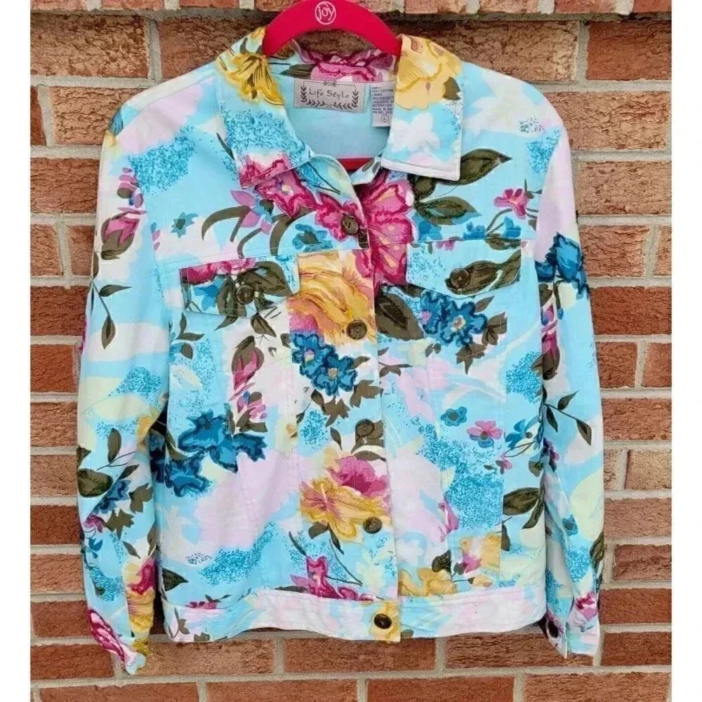 Life Style Blazer Jacket Women's Size Large Lined Colorful Floral Pockets